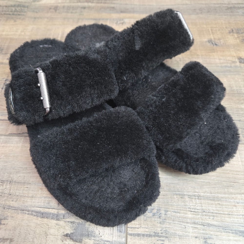 UGG Fuzz Sugar Slide Black Faux Fur Dual Strap Buckle Sandals Women Shoes 9